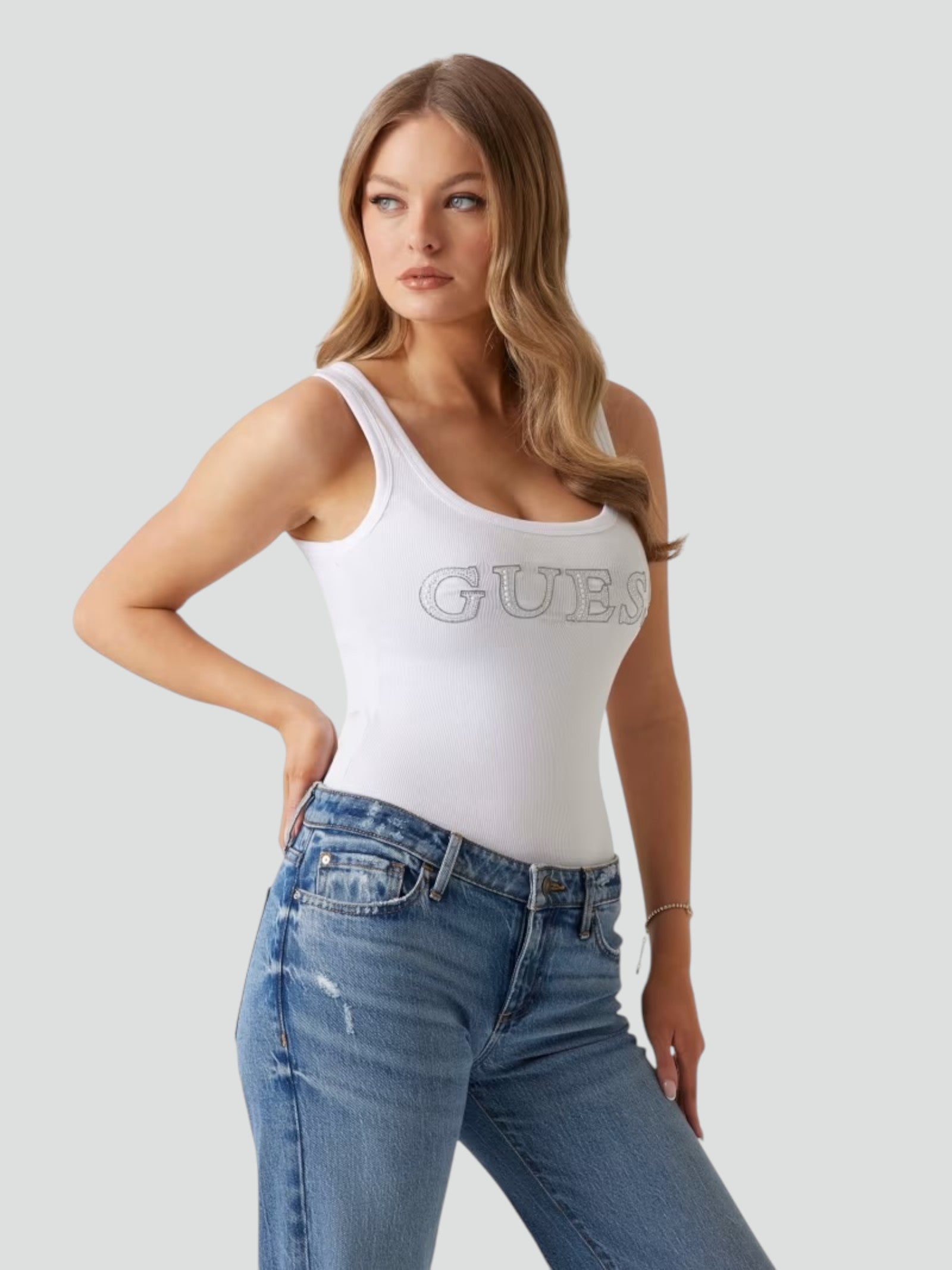 Canotta Bianca a Costine con Logo Guess in Strass