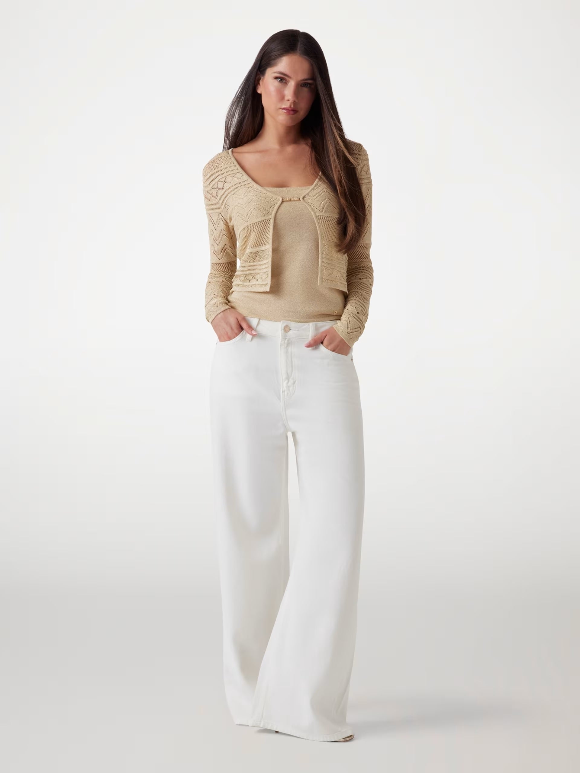 Cardigan oro con Lurex e Motivo Traforato