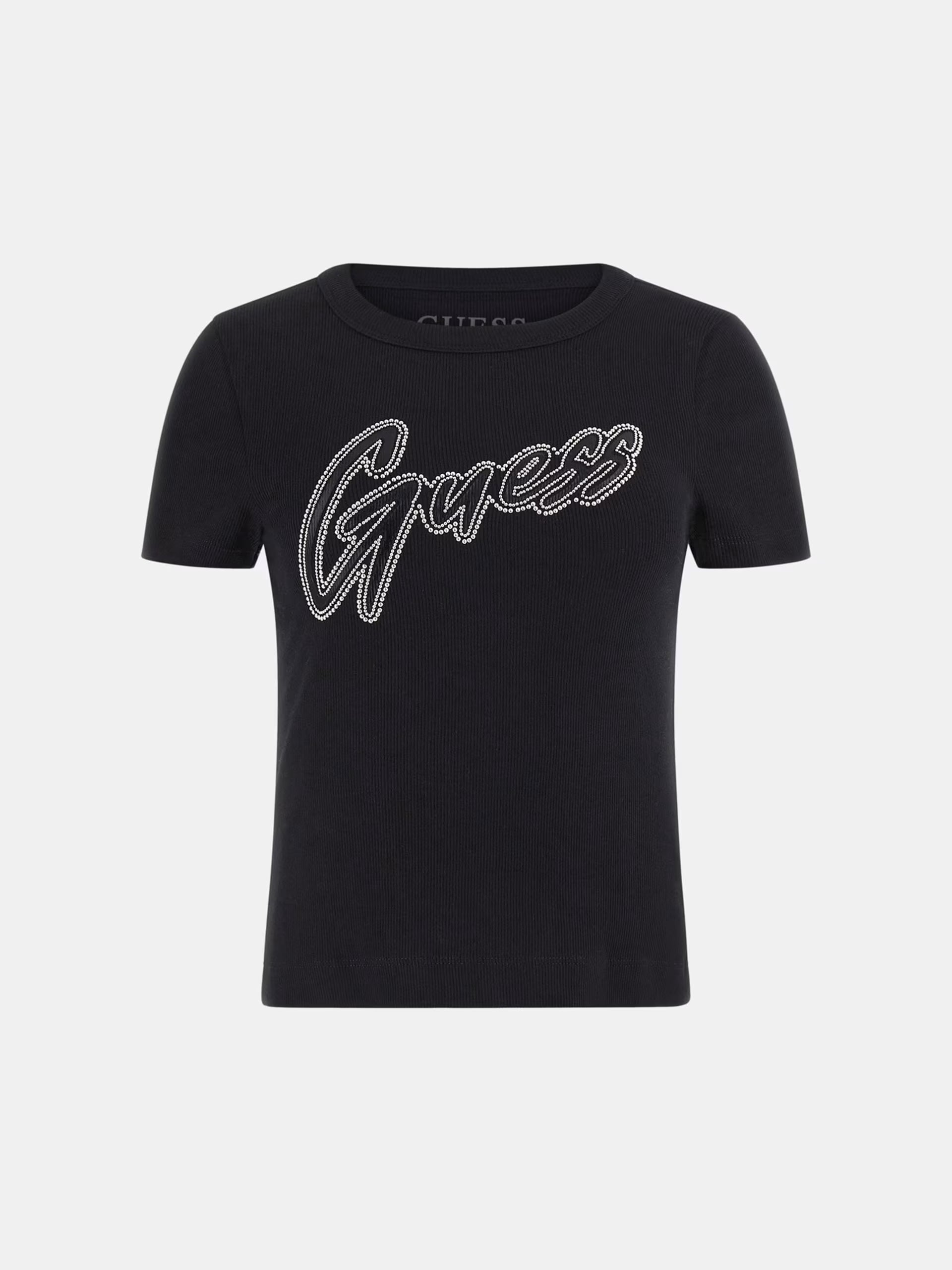 T-shirt nera in Cotone Stretch con Logo Borchiato e Costine All-Over