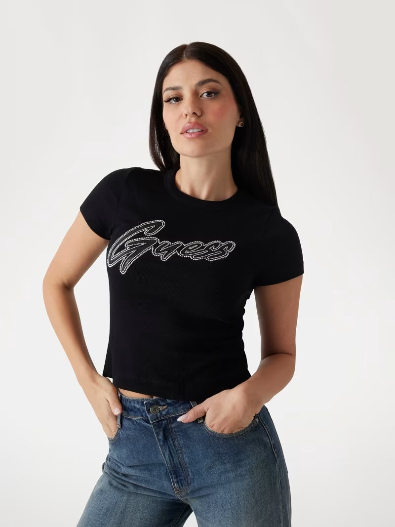 T-shirt nera in Cotone Stretch con Logo Borchiato e Costine All-Over