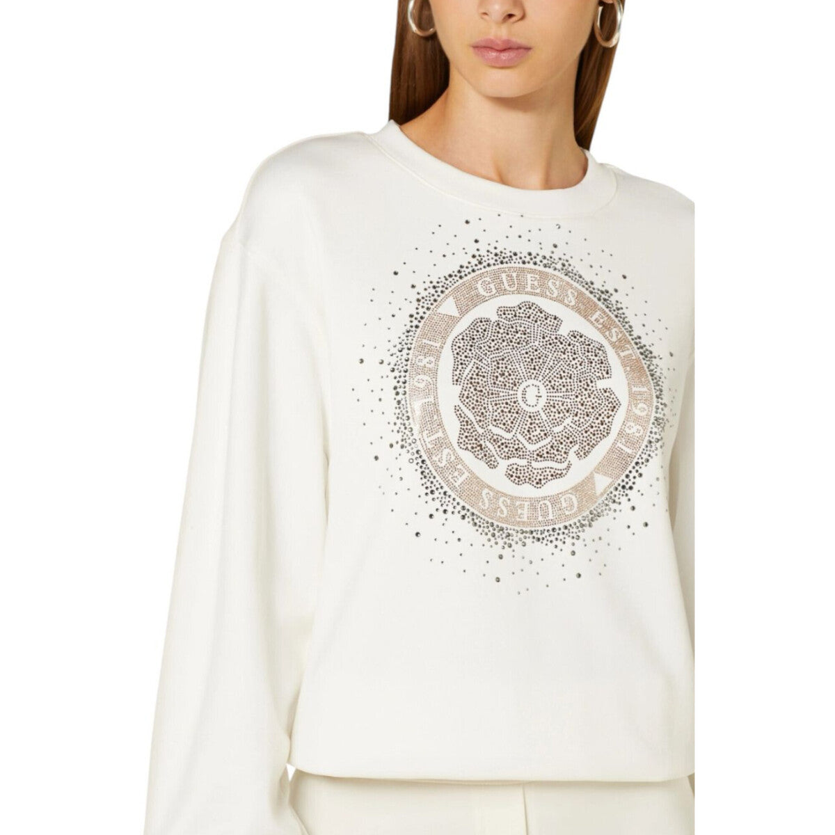 Felpa bianca con Logo Floreale Glitterato e Stampa "Guess Est. 1981"