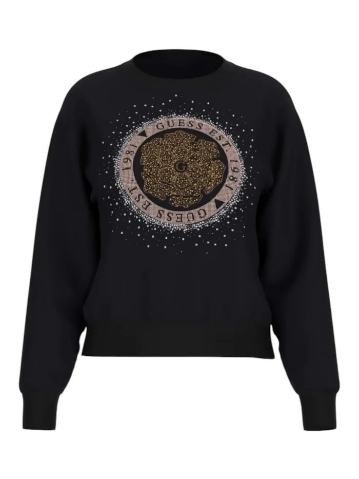 Felpa Nera con Logo Floreale Glitterato e Stampa "Guess Est. 1981"