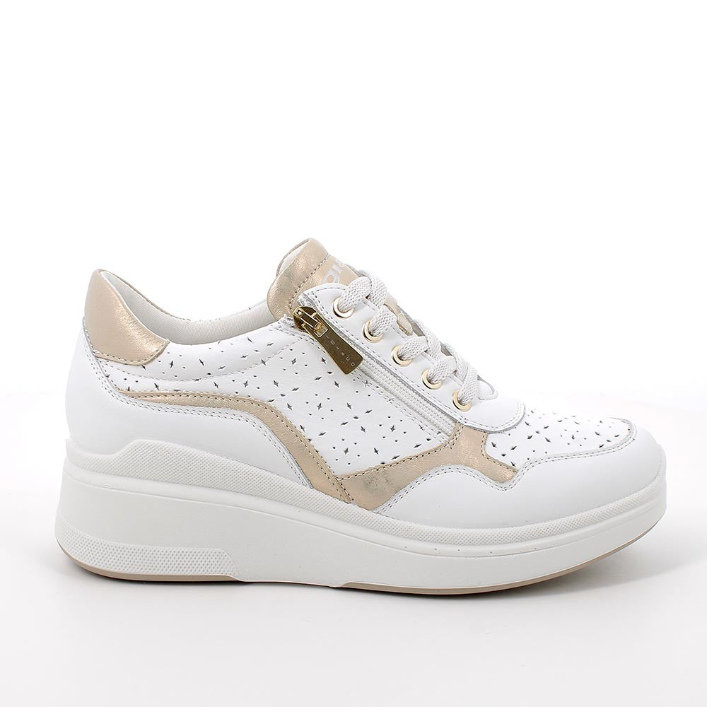 Sneakers Bianche da Donna con Zeppa, Lacci e Zip Laterale