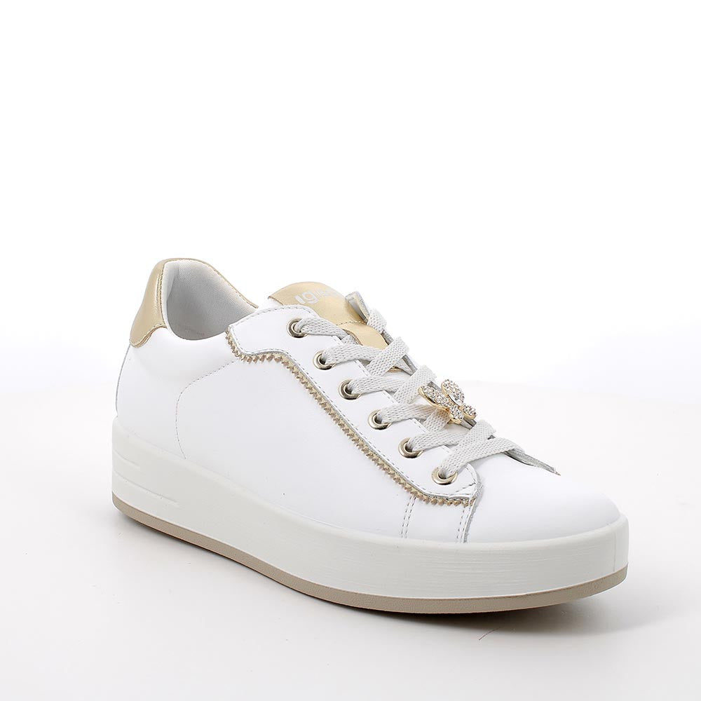 Sneakers Bianche in Pelle con Lacci Decorati e Suola Platform