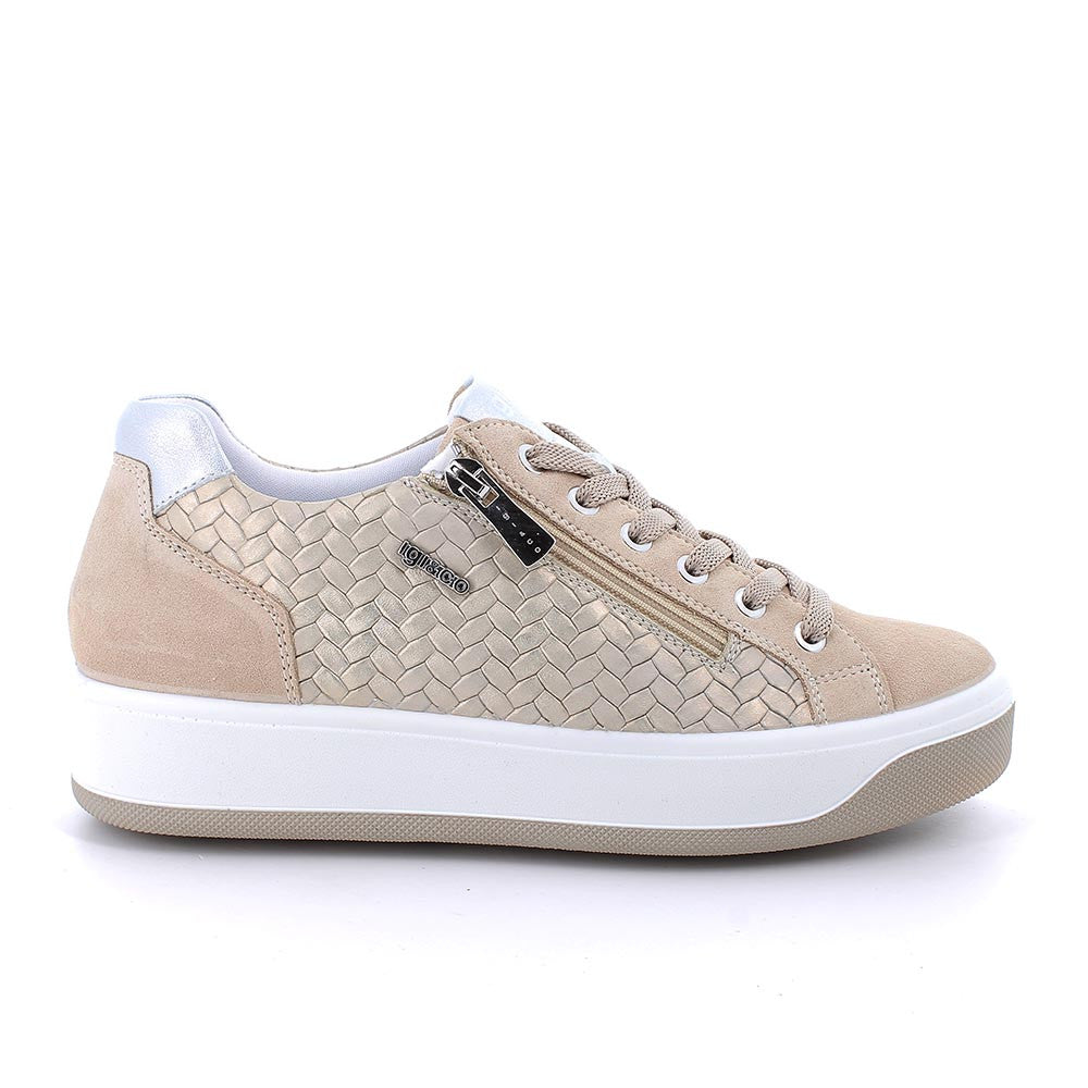 Sneakers Beige e Platino con Zip Laterale e Tomaia Traforata