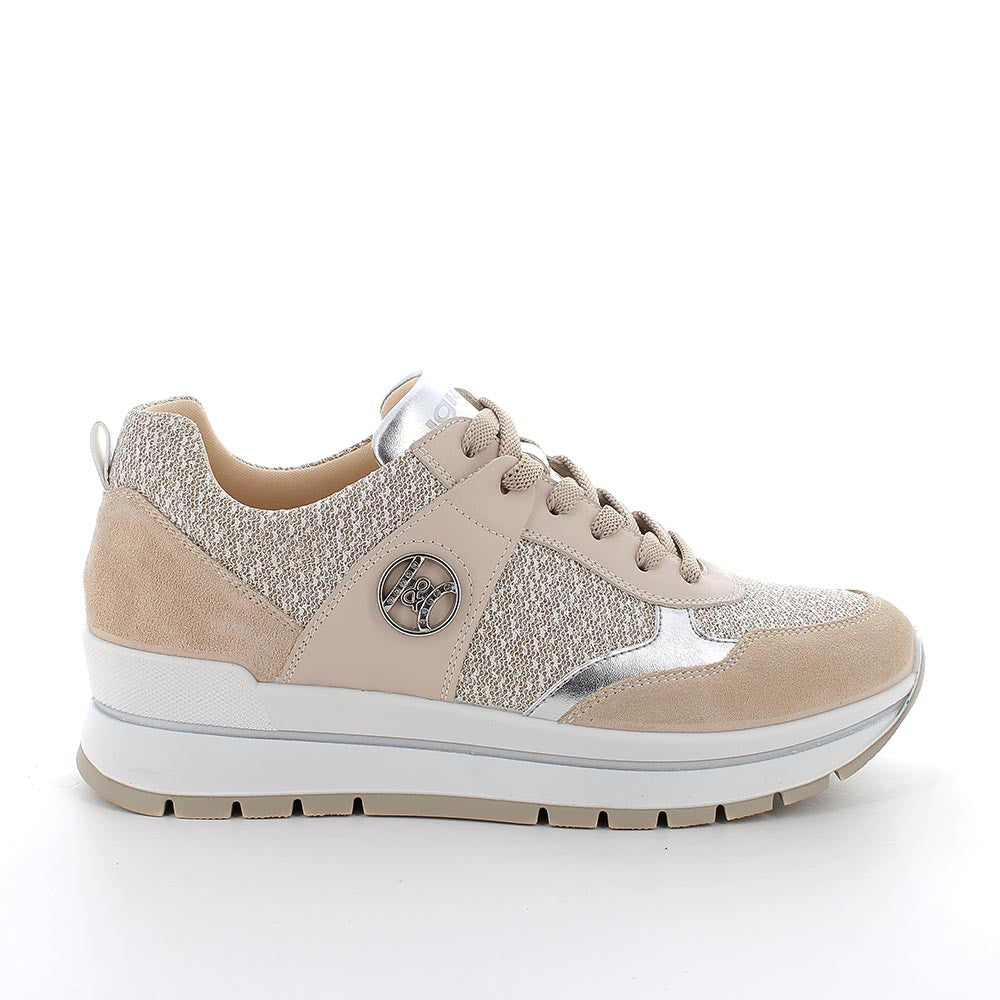 Sneakers Beige da Donna in Pelle con Lacci e Zeppa Leggera