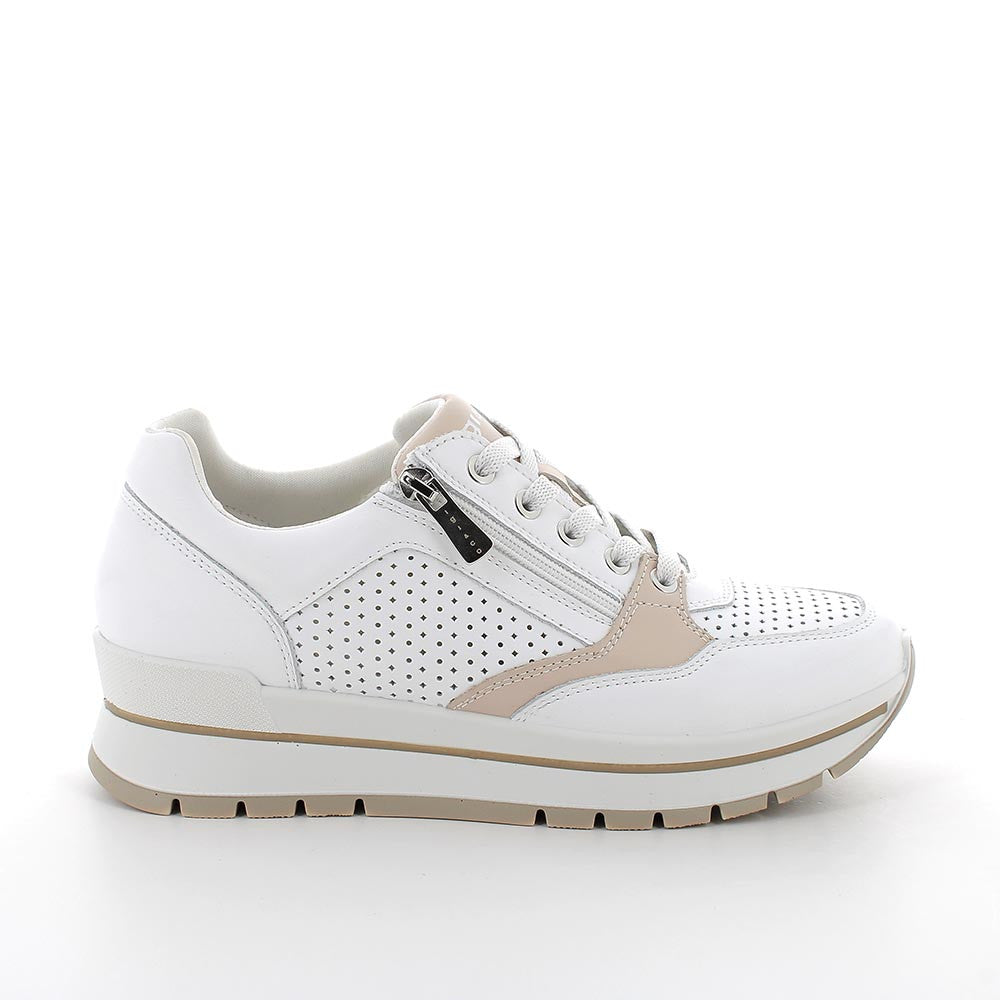 Sneakers Bianche in Pelle con Zip, Zeppa e Plantare Estraibile