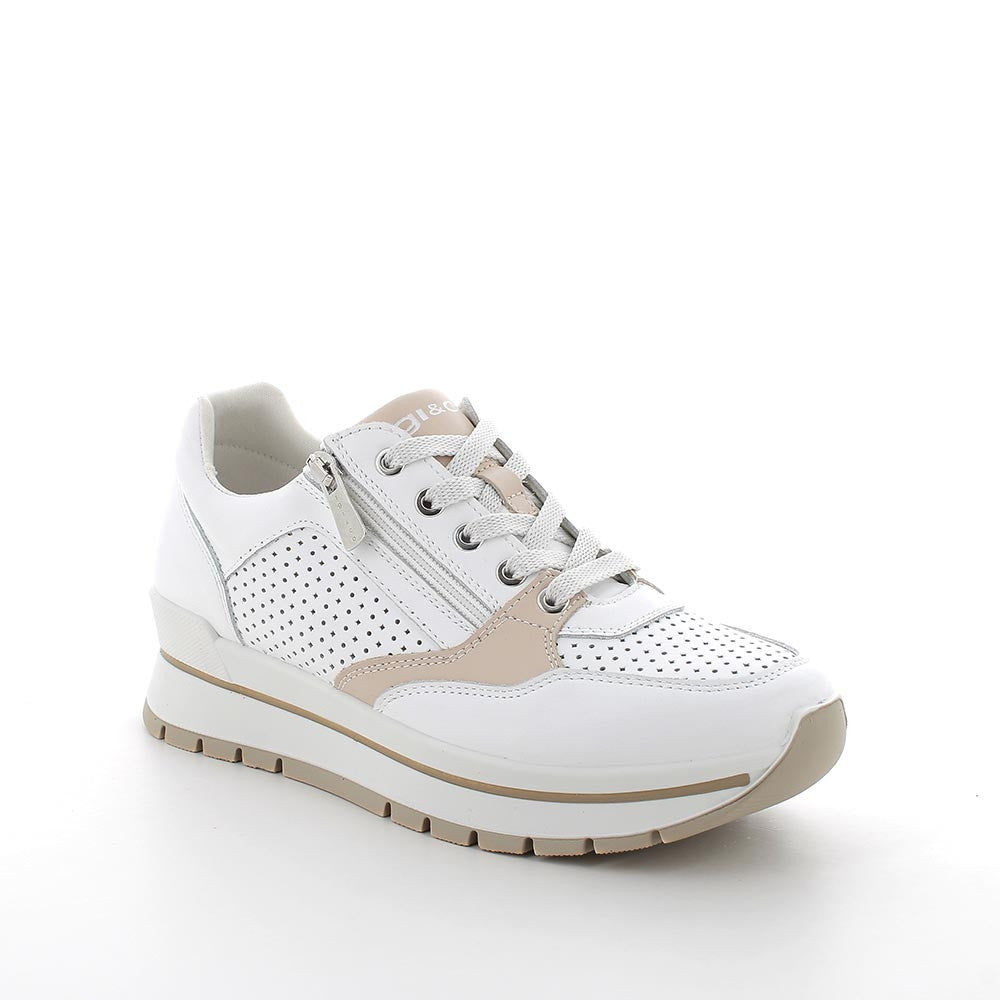 Sneakers Bianche in Pelle con Zip, Zeppa e Plantare Estraibile