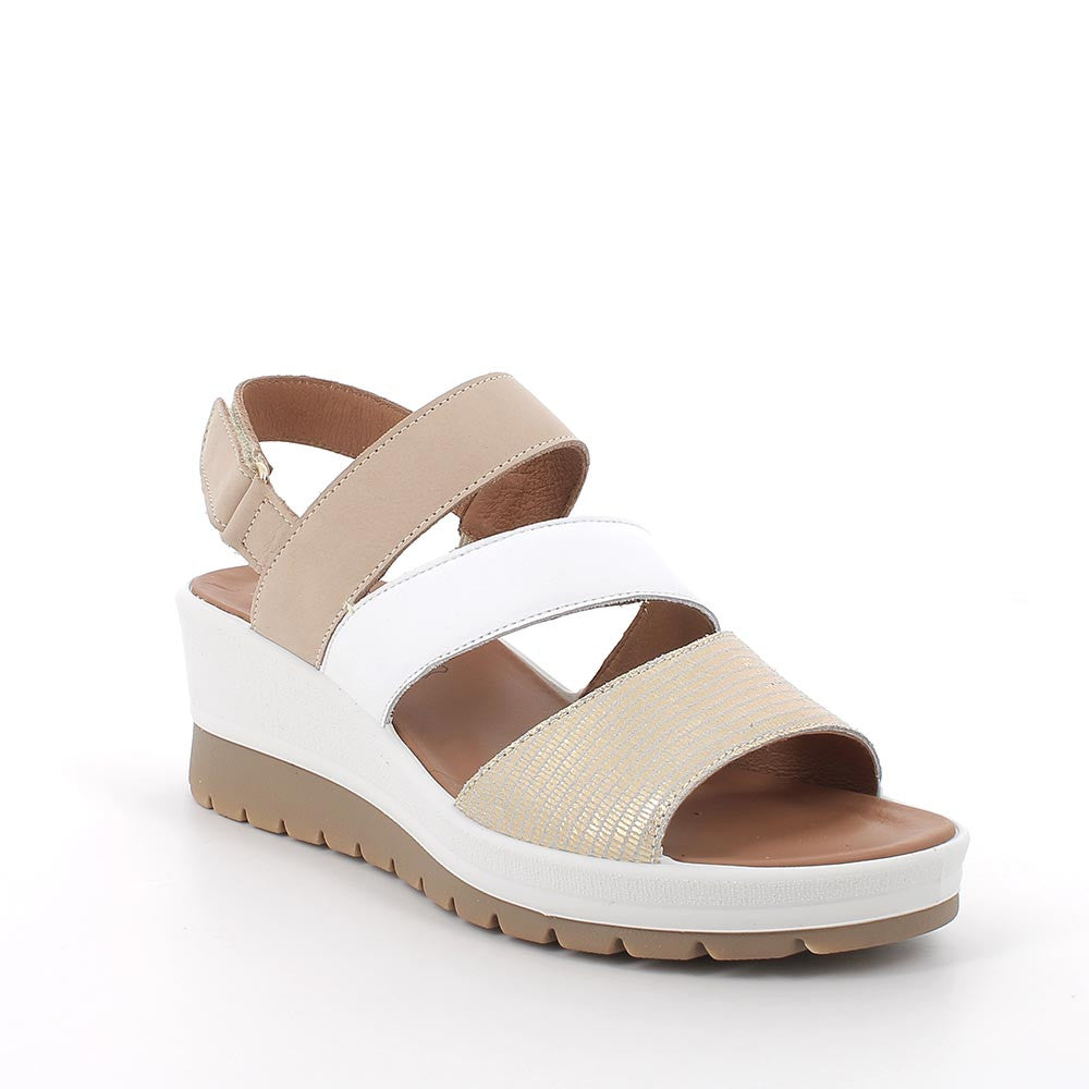 Sandali con Zeppa Beige e Platino in Pelle con Chiusura Strap