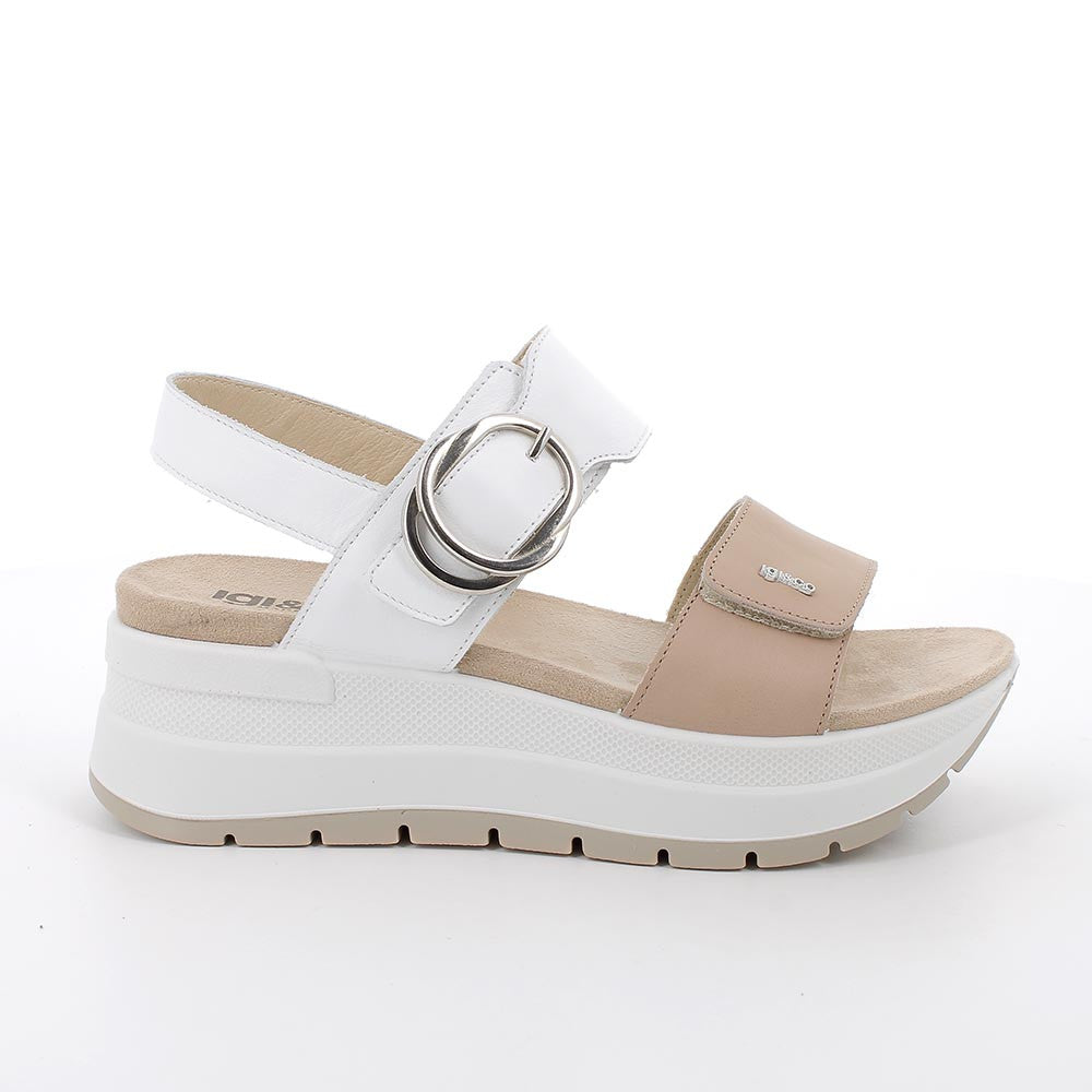 Sandali con Zeppa Beige e Bianco in Pelle con Strap e Fibbia Decorativa