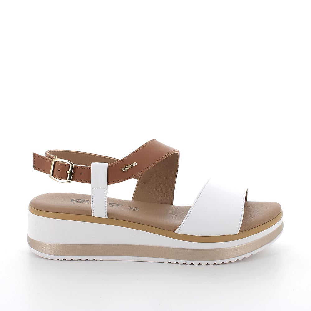 Sandali con Zeppa Bianco e Marrone in Pelle con Plantare Memory