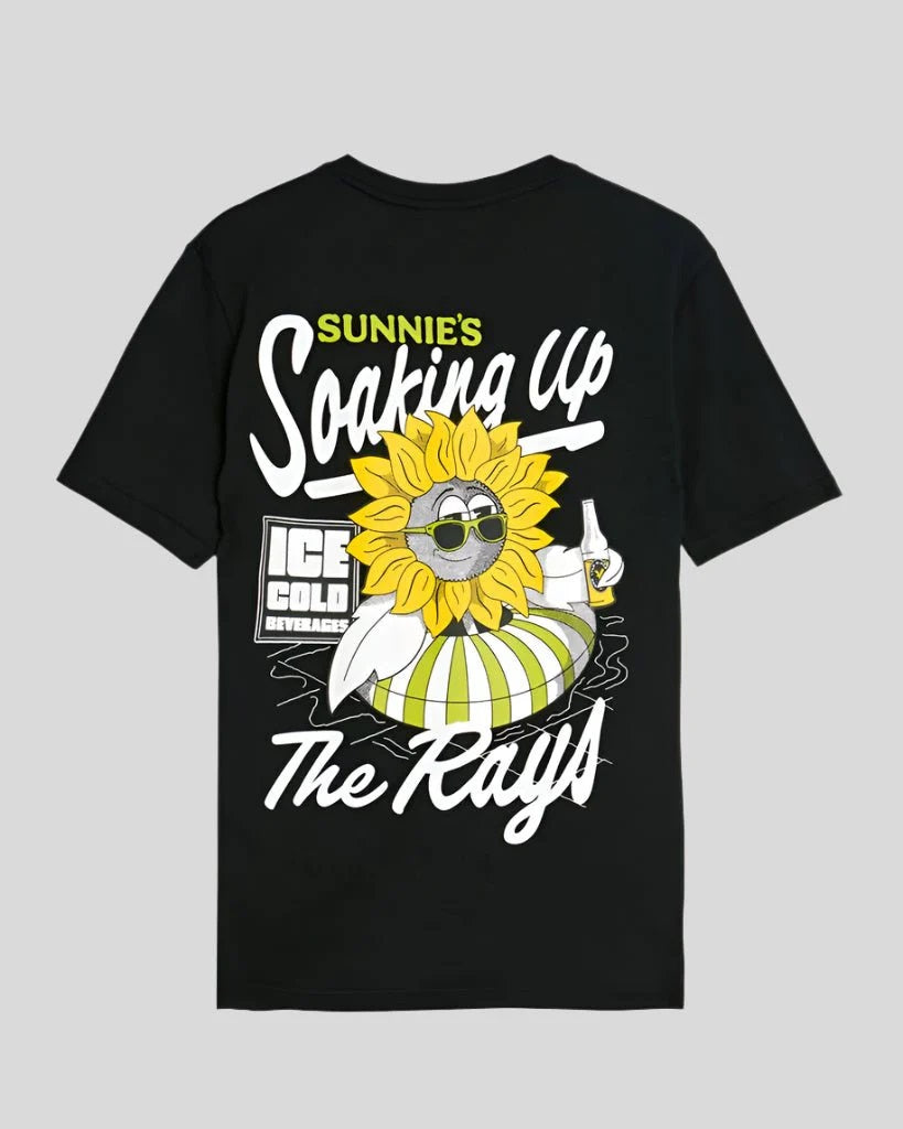 T-shirt "Sunnies Pool Bar" nera con Grafica Floreale e Logo Vintage