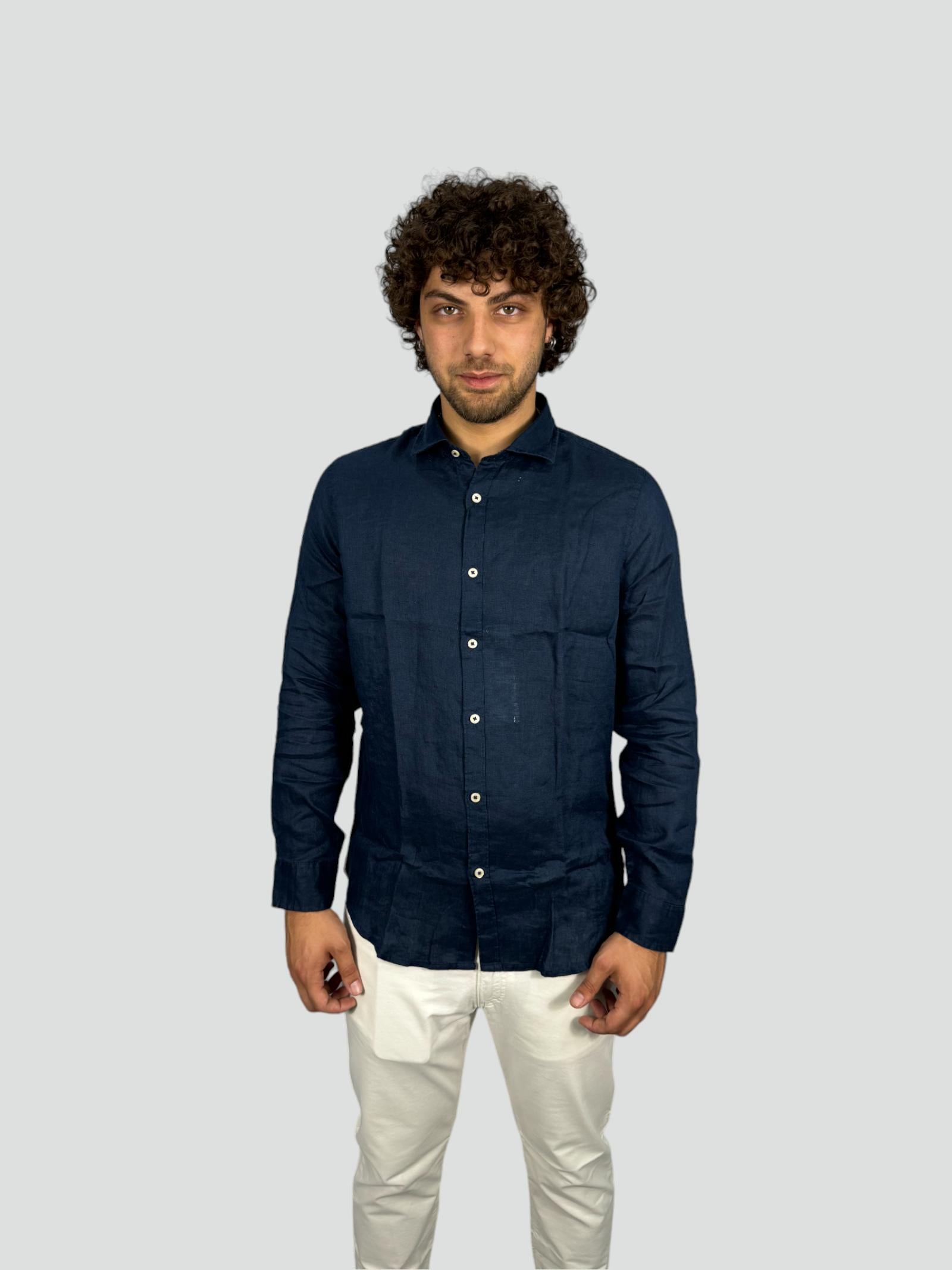 Camicia blu in 100% Lino a maniche lunghe