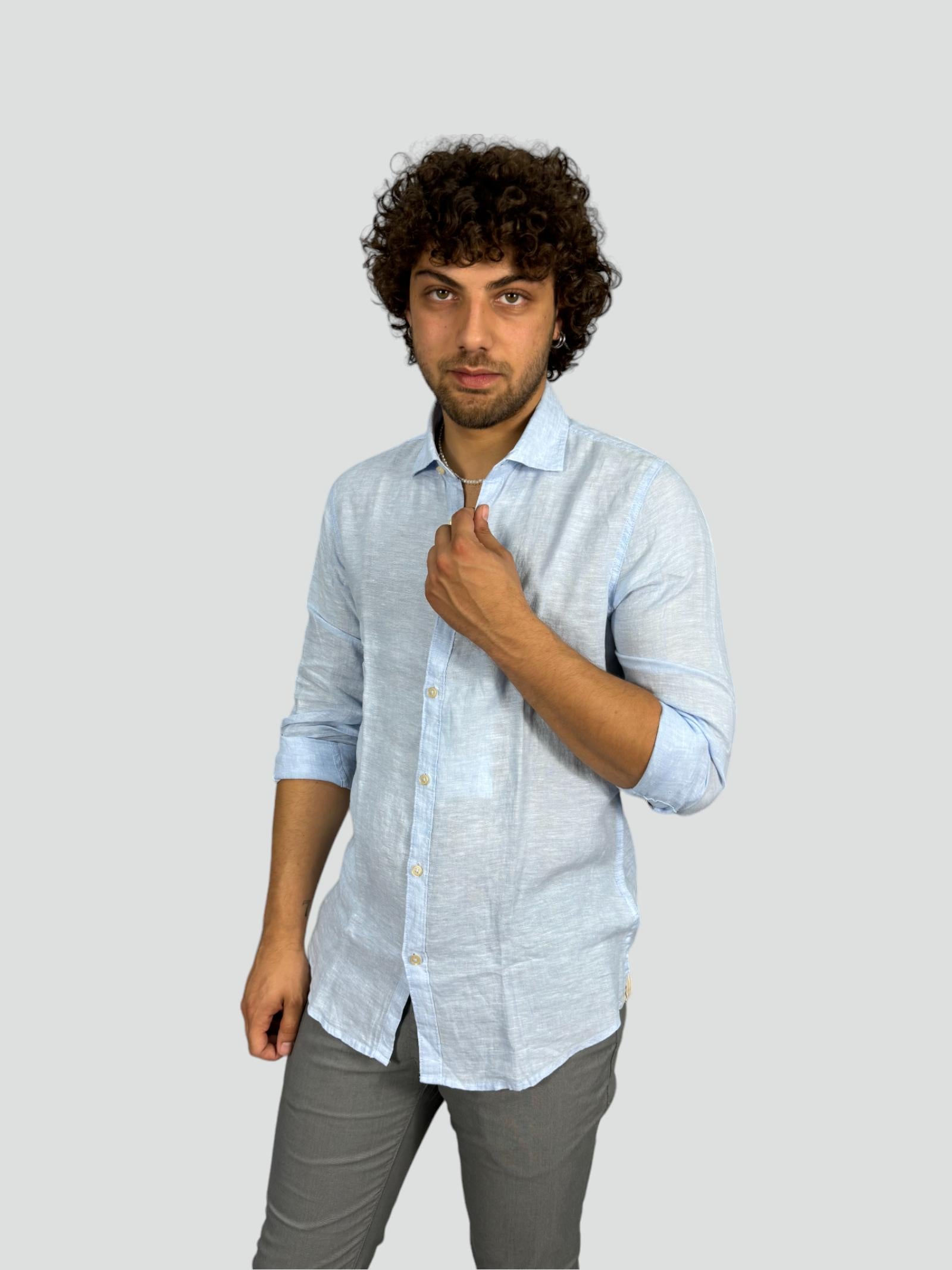Camicia celeste da uomo in puro lino