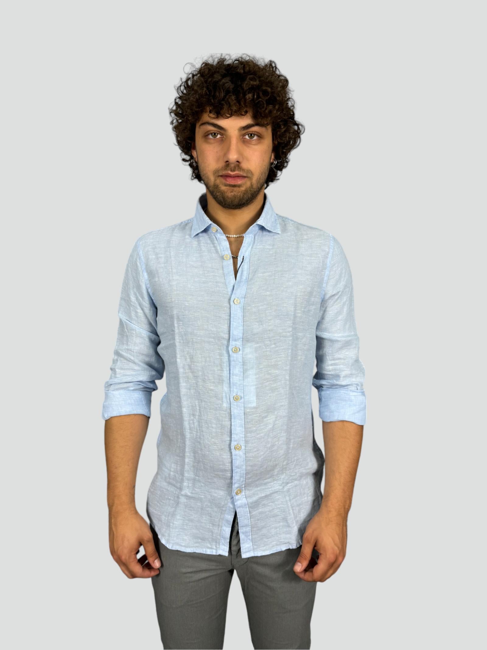 Camicia celeste da uomo in puro lino