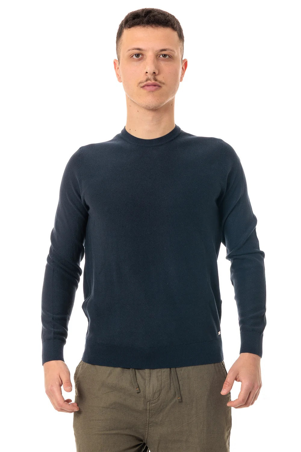 Maglia Girocollo blu in Cotone Punto Riso Regular Fit