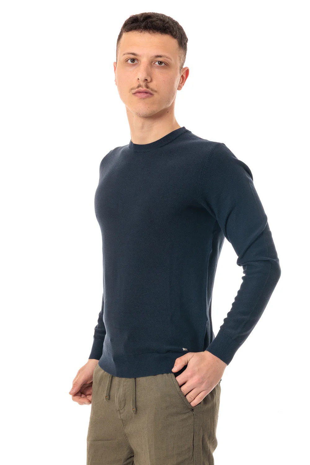 Maglia Girocollo blu in Cotone Punto Riso Regular Fit