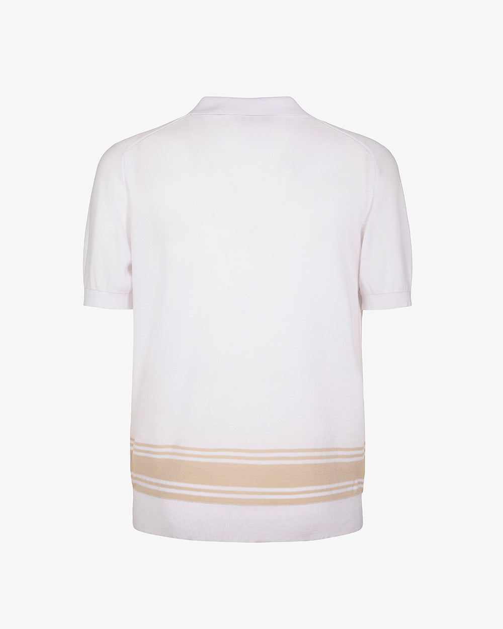 Polo Derby in Maglia di Cotone Bianco con Riga Beige a Manica Corta