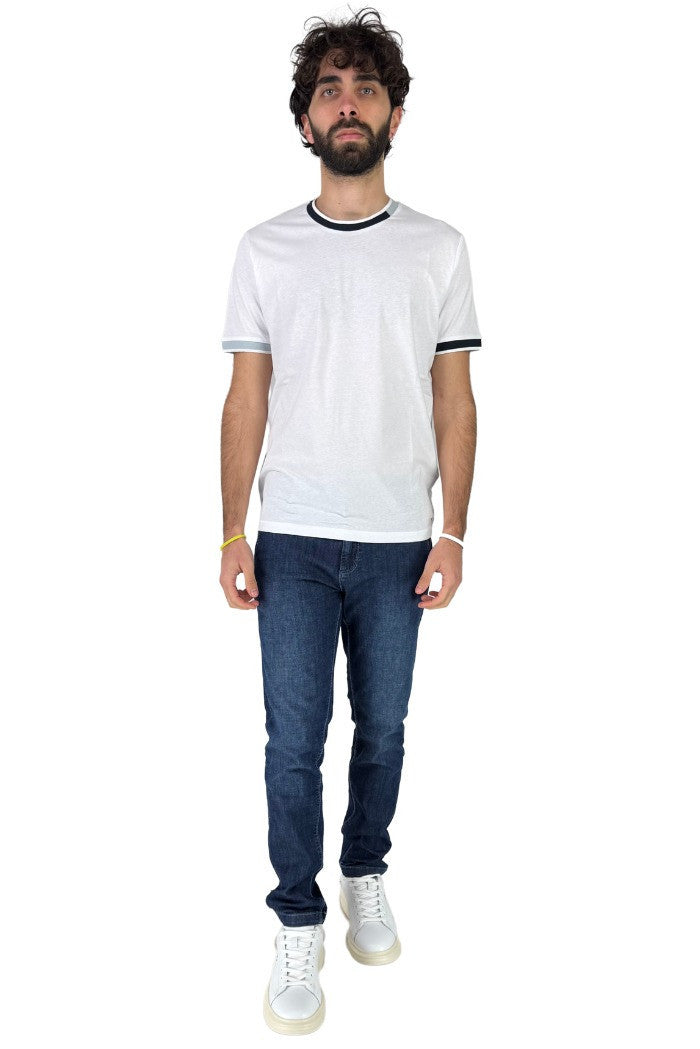T-shirt Girocollo in Jersey Bianco con Collo e Polsi a Contrasto