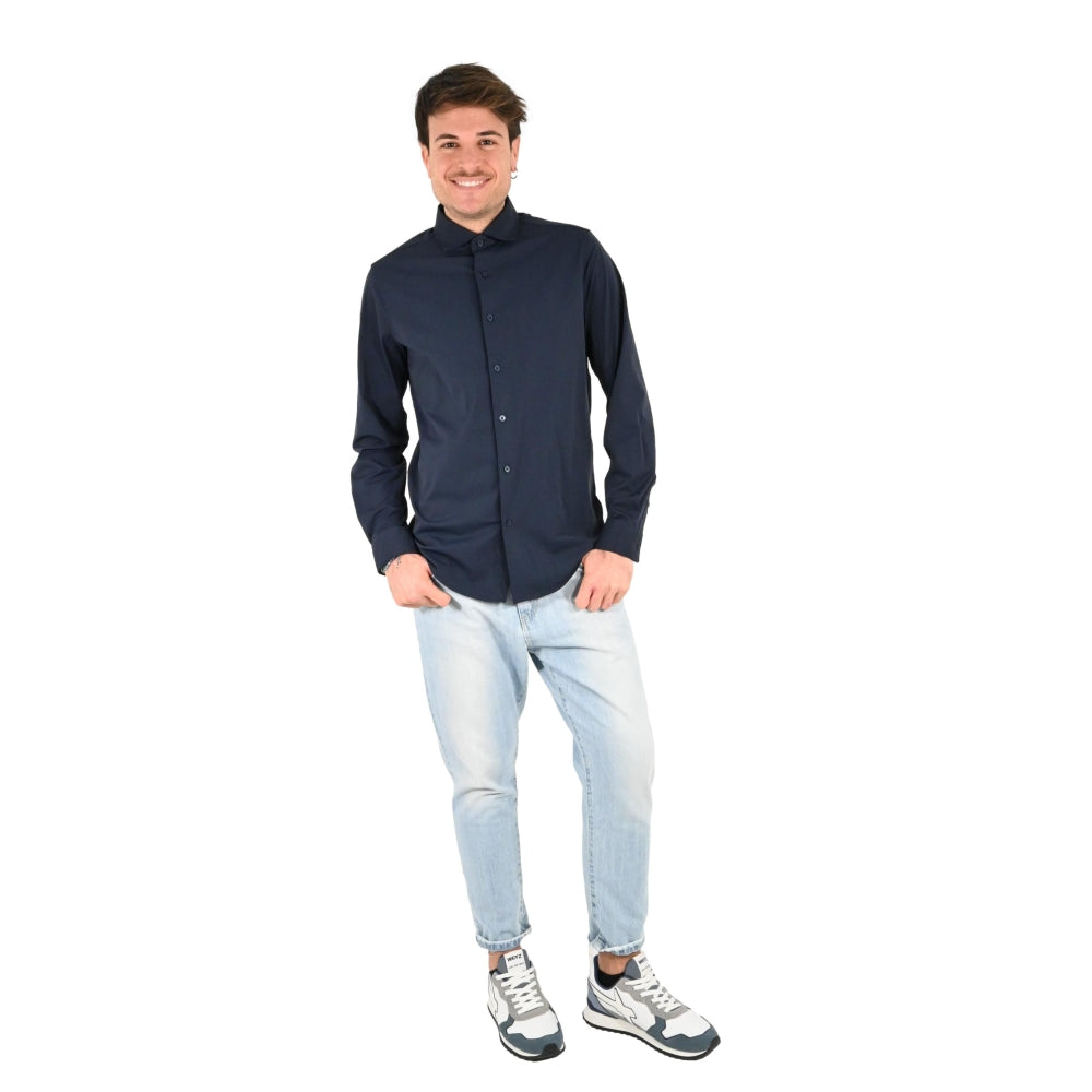Camicia blu in Nylon a Maniche Lunghe con Collo Italiano