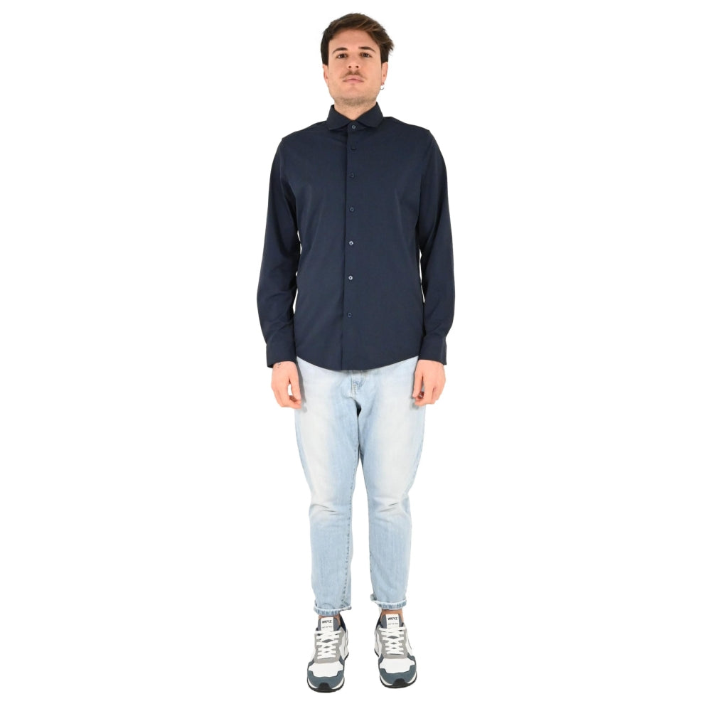 Camicia blu in Nylon a Maniche Lunghe con Collo Italiano