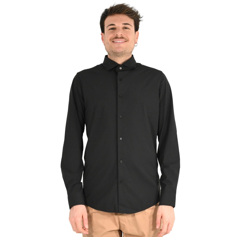 Camicia nera in Nylon a Maniche Lunghe con Collo Italiano