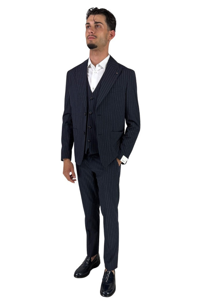 Pantalone Regular Gessato Blu in Poliviscosa