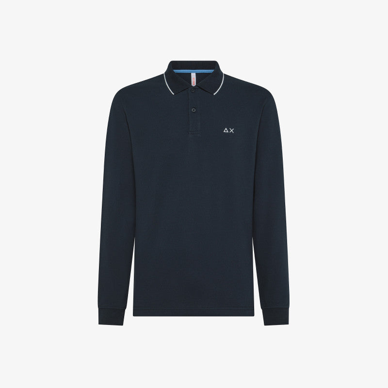 Polo Uomo Blu Navy a Manica Lunga SUN68 con Righino a Contrasto