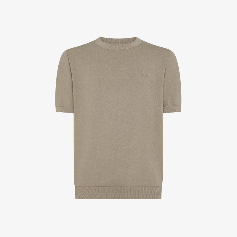 T-shirt in Maglia "SUN68" pietra con Logo Ricamato Tono su Tono