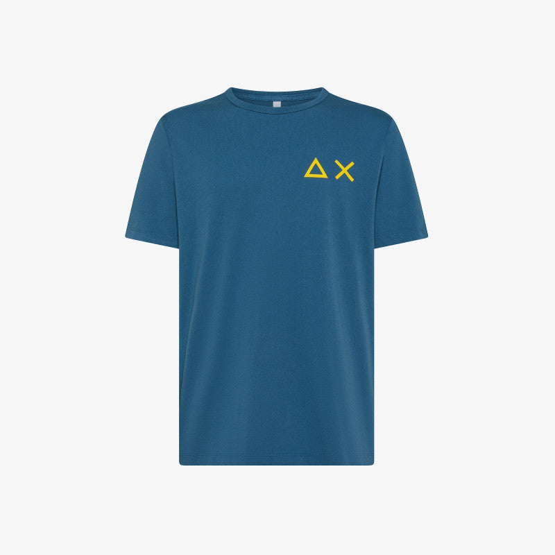 T-shirt in Jersey "SUN68" Avio Scuro con Logo Giallo a Contrasto