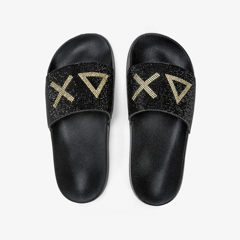 Sandali slide neri da donna con fascia strass e logo SUN68
