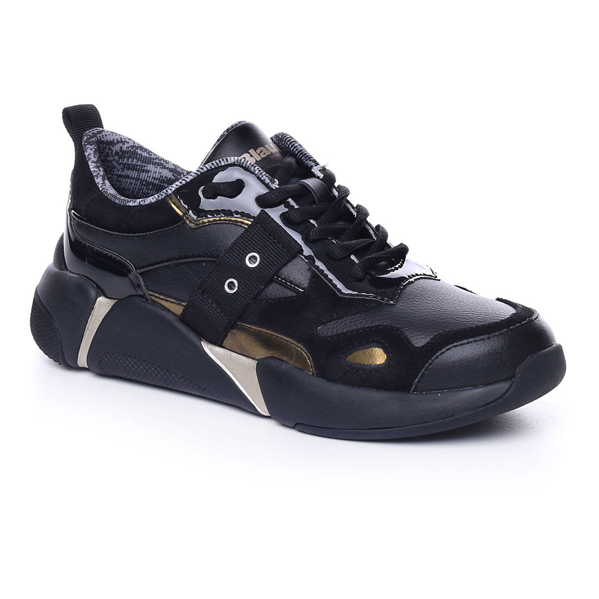 Sneakers Donna "Monroe" Nere in Pelle con Dettagli Oro e Zeppa 