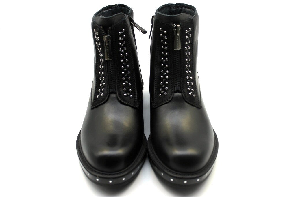 Stivaletti Bassi da Donna in Pelle Nera con Zip e Borchie 