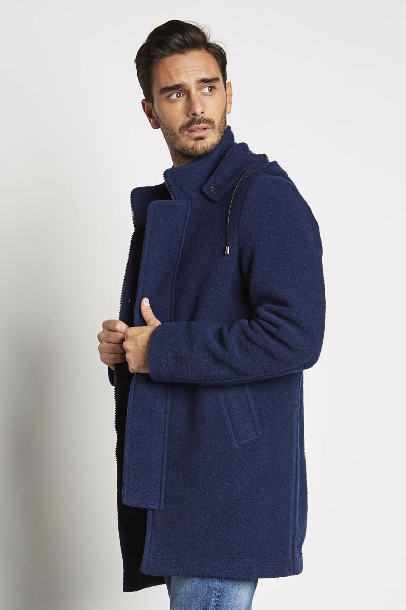 Cappotto Blu con Cappuccio Rimovibile e Collo Revers 
