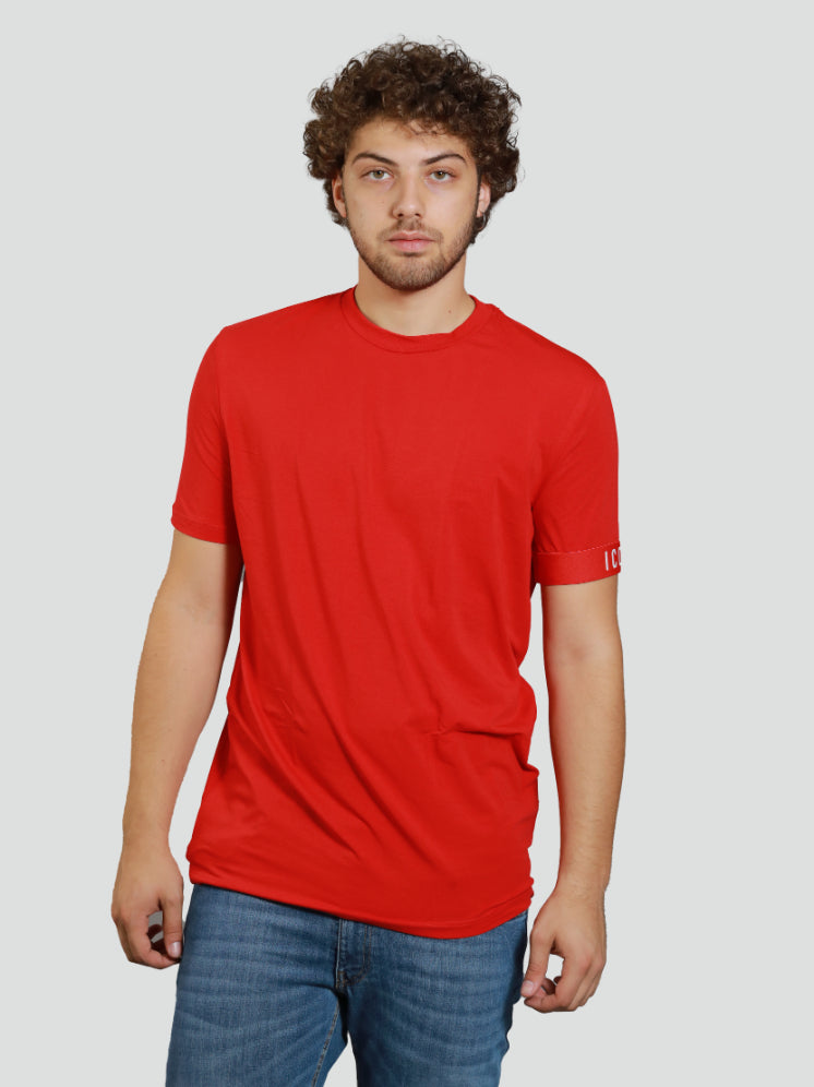 T-shirt Rossa "ICON" con Stampa sulla Manica in Cotone 