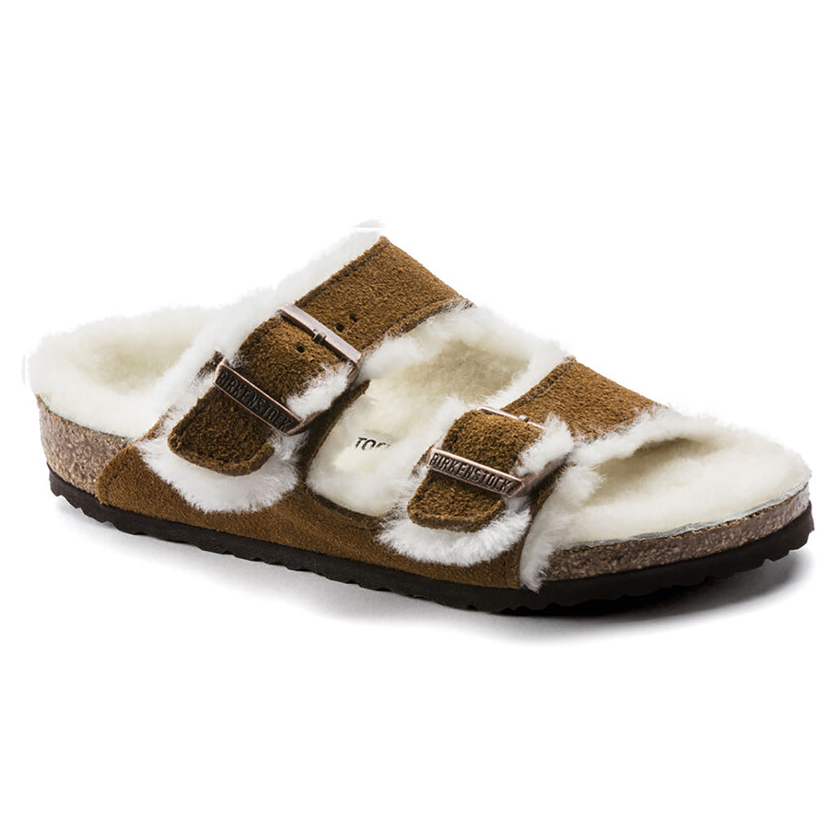 sandalo donna "Arizona" in Shearling Suede marrone e bianco 