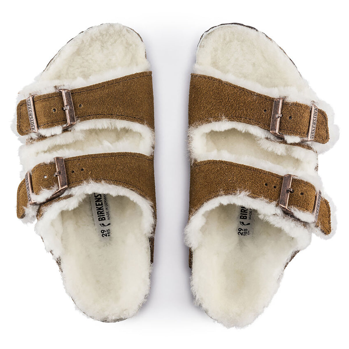 sandalo donna "Arizona" in Shearling Suede marrone e bianco 
