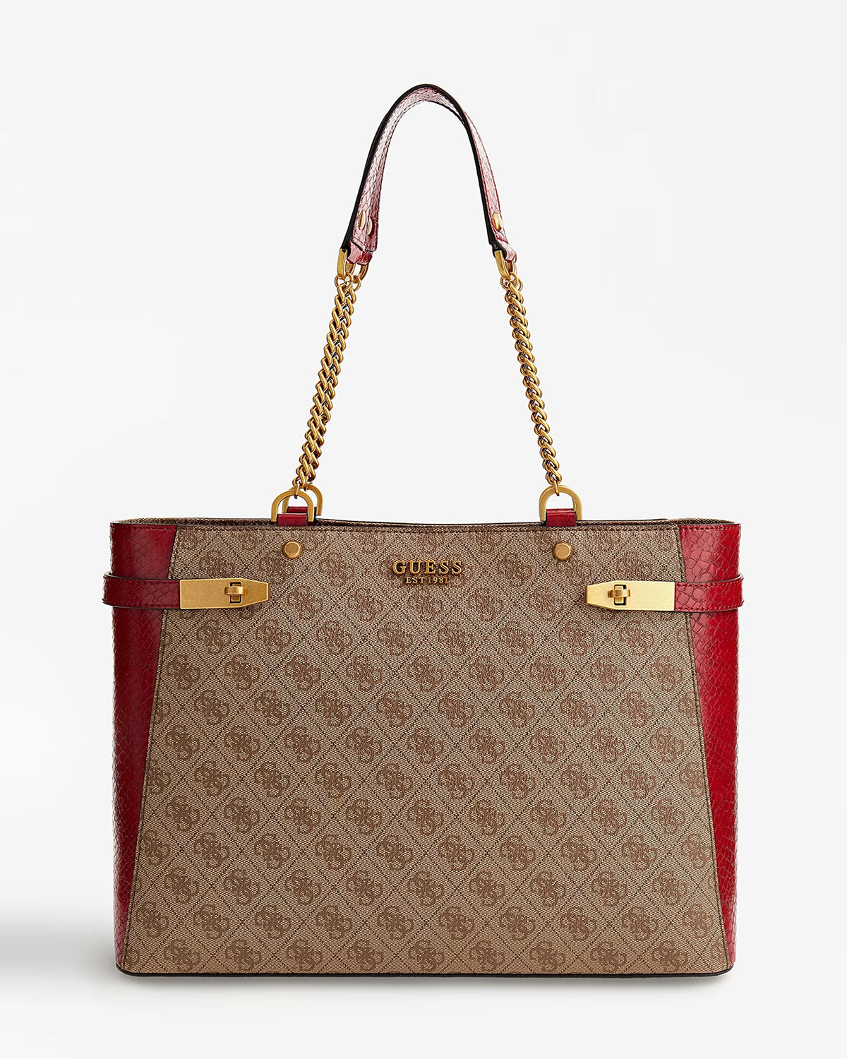 Shopper Guess "Zadie" marrone con dettagli pitonati rossi e logo 4G 