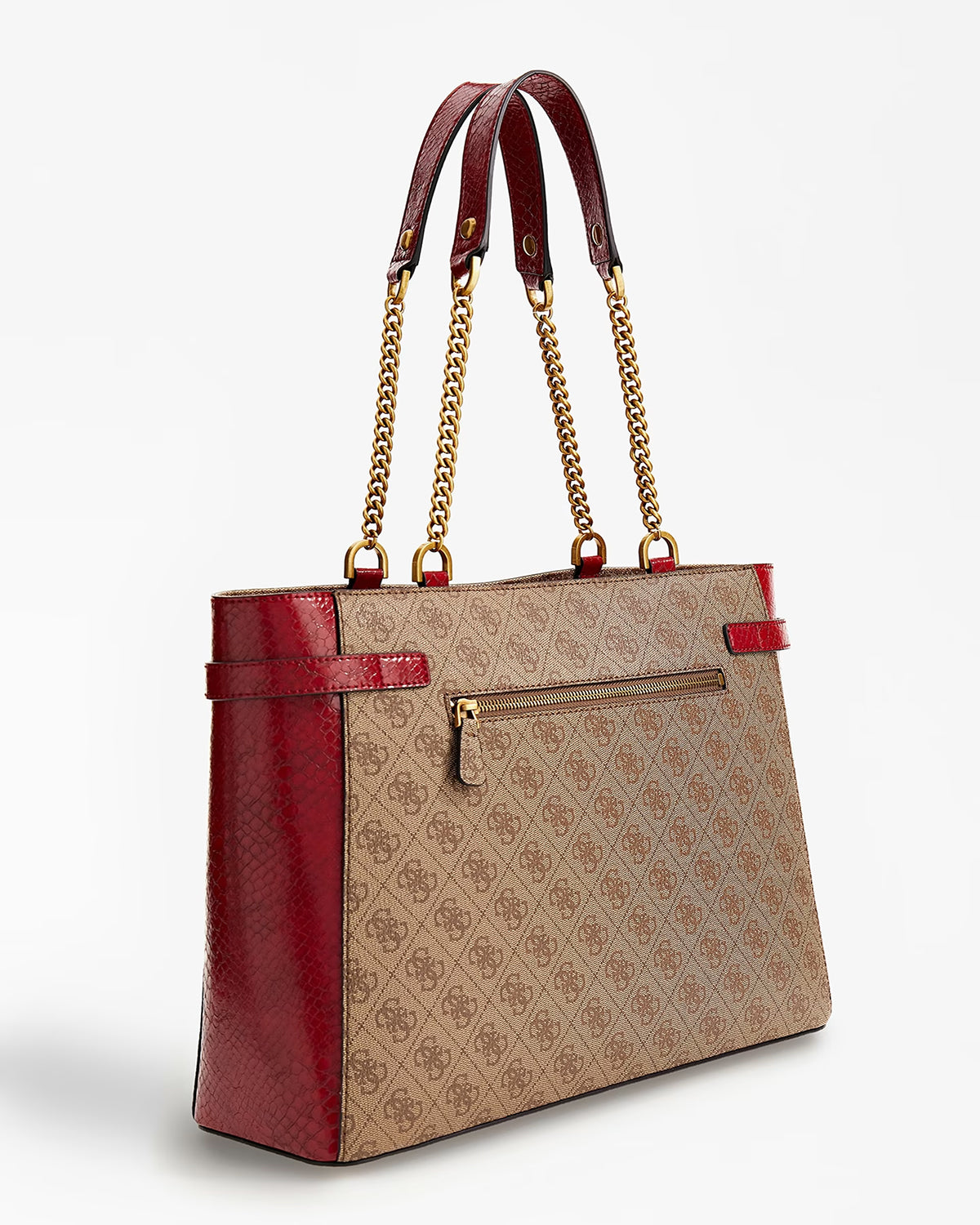 Shopper Guess "Zadie" marrone con dettagli pitonati rossi e logo 4G 