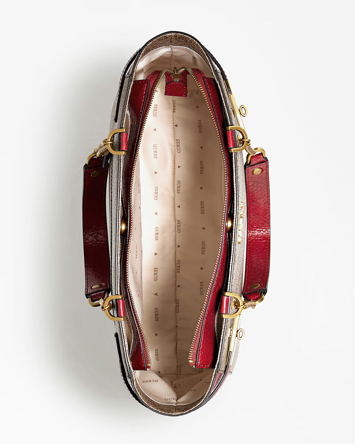 Shopper Guess "Zadie" marrone con dettagli pitonati rossi e logo 4G 