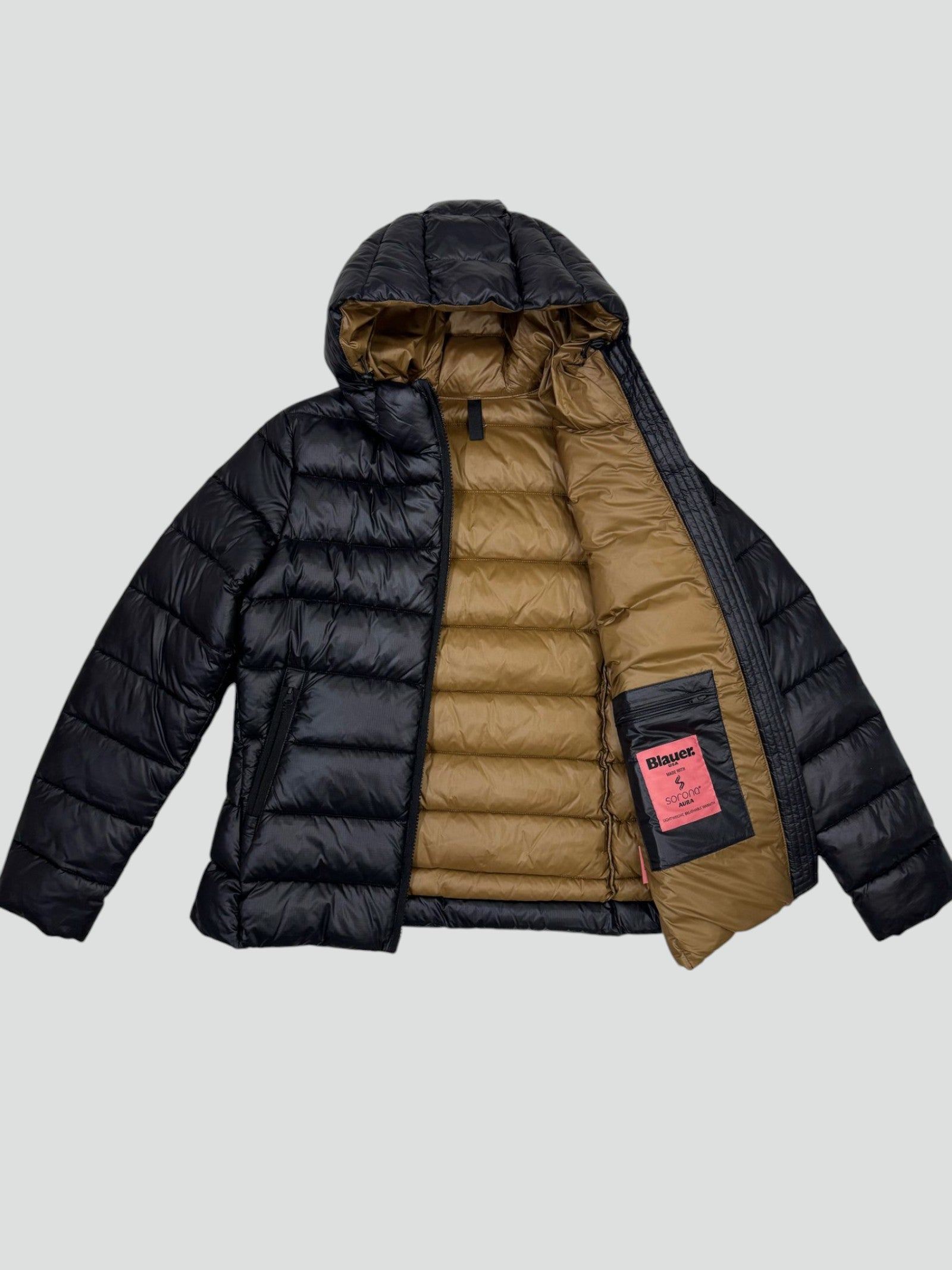 Piumino Blauer donna in nylon micro-rip nero con interno marrone 