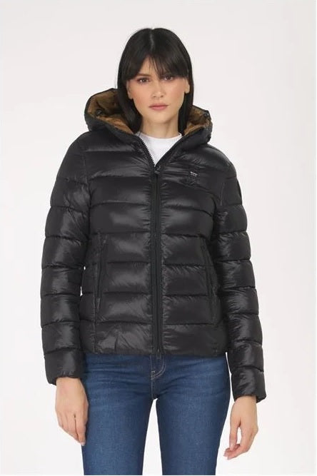 Piumino Blauer donna in nylon micro-rip nero con interno marrone 