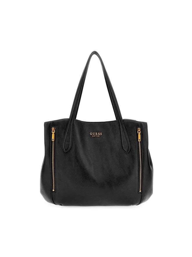 Shopper Guess nera in ecopelle con zip laterali e triplo comparto 