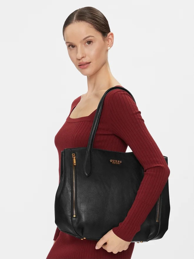 Shopper Guess nera in ecopelle con zip laterali e triplo comparto 