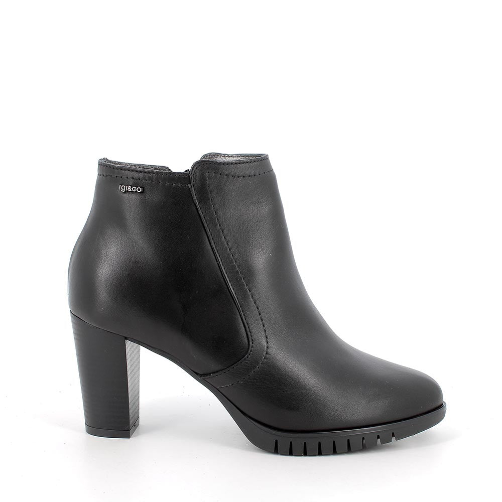Stivaletti da donna neri in pelle con tacco largo 8 cm e zip laterale 
