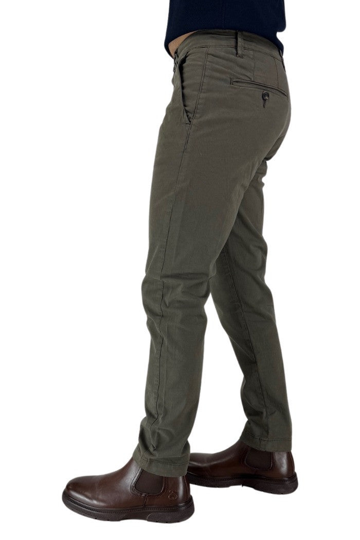 Pantaloni Verde Militare in Twill di Cotone Stretch Regular Fit 