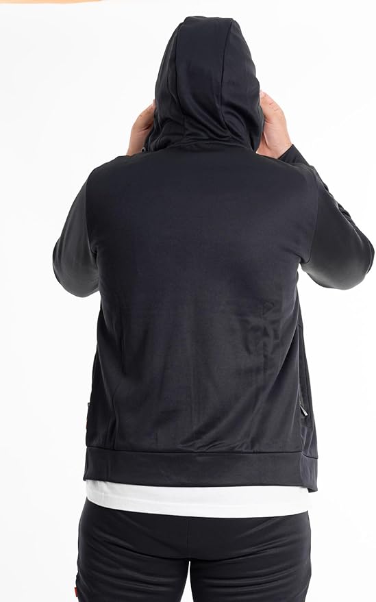 Felpa nera da uomo in tessuto tecnico con cappuccio e zip 