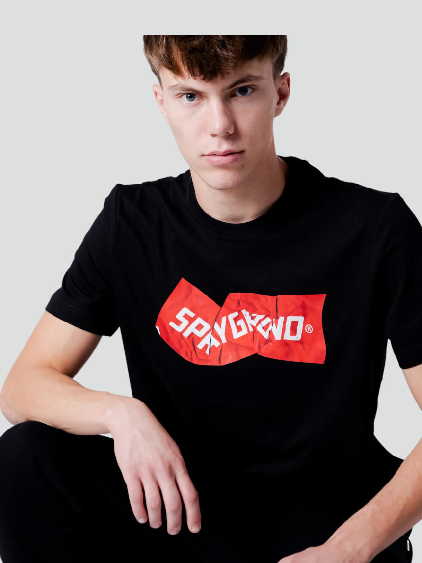 T-shirt "Crumpled" nera con Logo Sprayground Effetto Stropicciato 