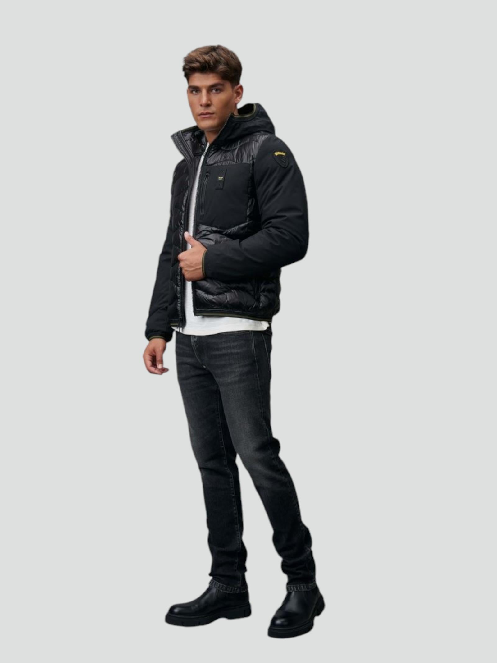 Piumino Nero "Albert" con Maniche in Neoprene e Trapuntatura ad Onde 