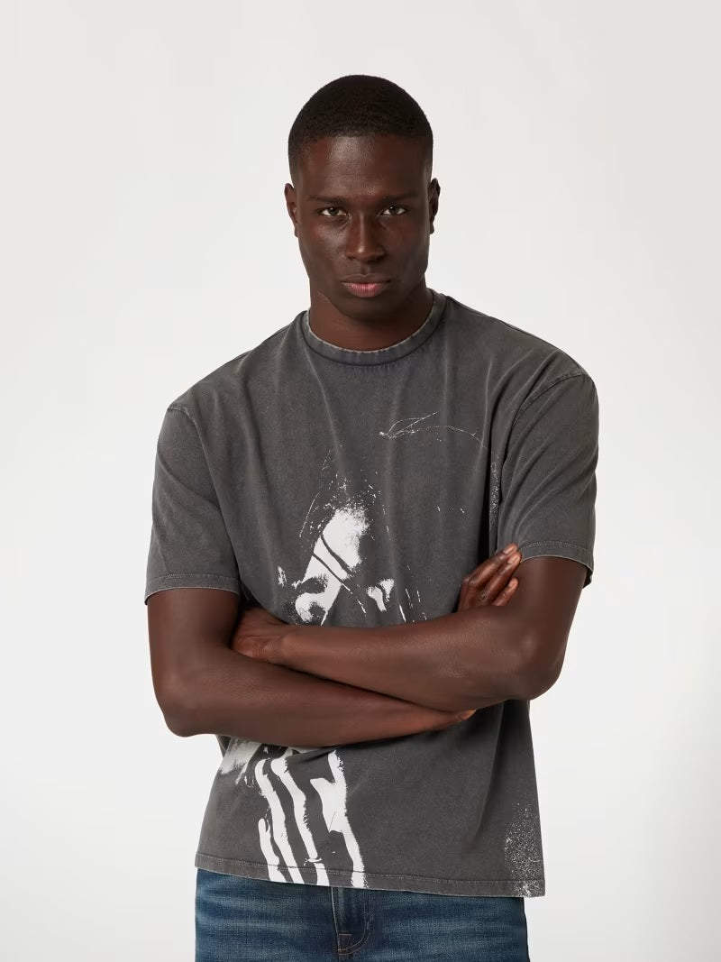 T-shirt Grigia con Stampa Frontale - Mezze Maniche in Cotone 